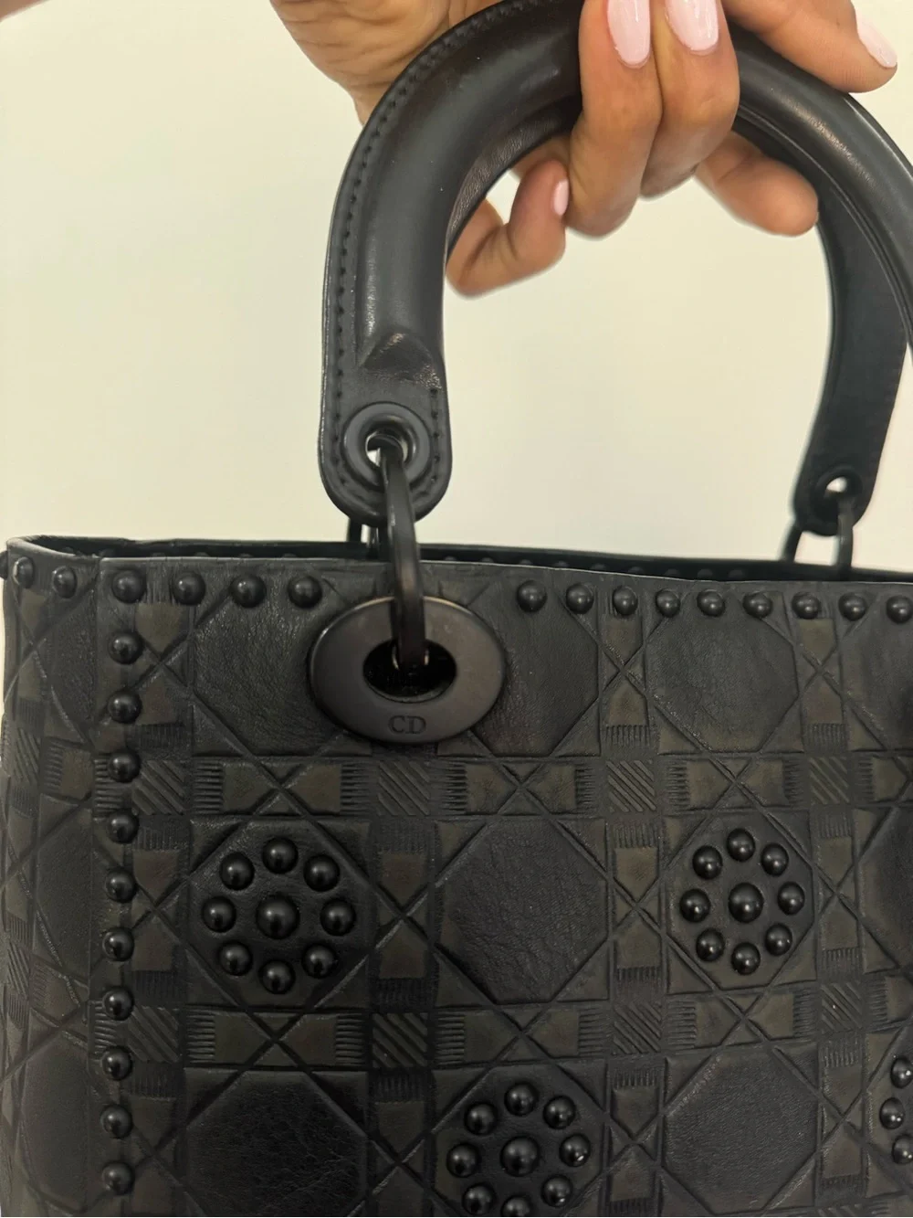 Authentic Dior Lady Dior Medium Matte Black Studded 2 way Bag 2018
